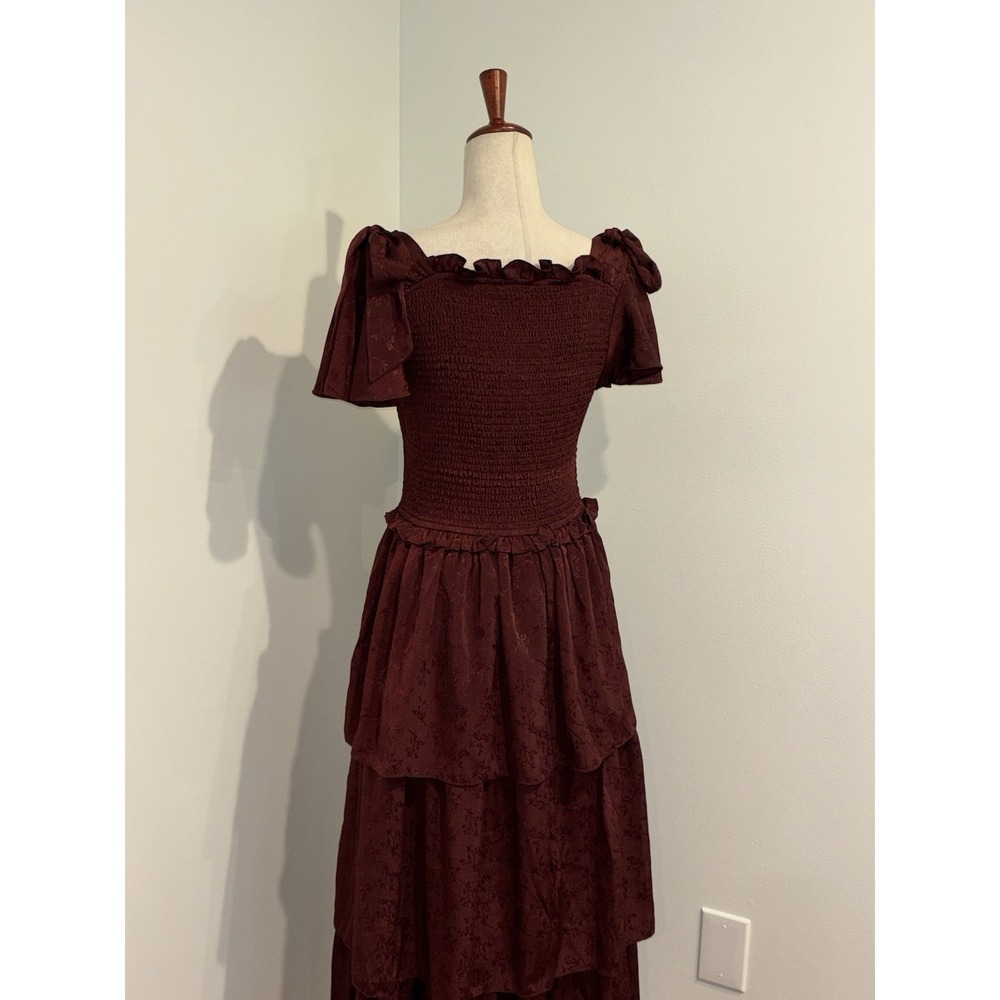 Ivy City Co Alana Tiered Smocked Burgundy Wine Size Medium Cottagecore Maxi - Picture 4 of 10